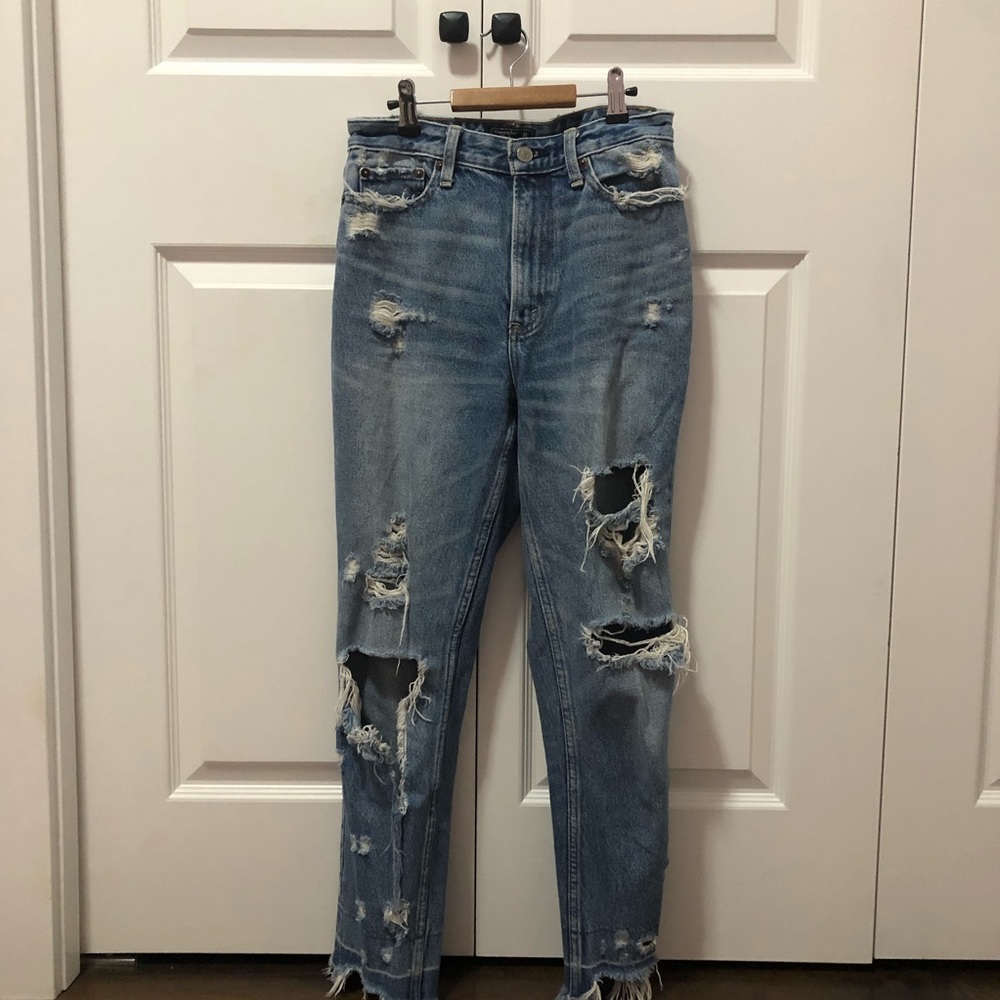 High Wasted Mid-Wash Abrocrombie & Finch Ripped Girlfriend Jeans